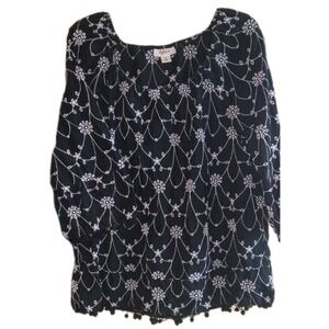 Style & Co. Sz XL Blouse PomPom‎ Trim Top Black W White Floral Embroidery Boho